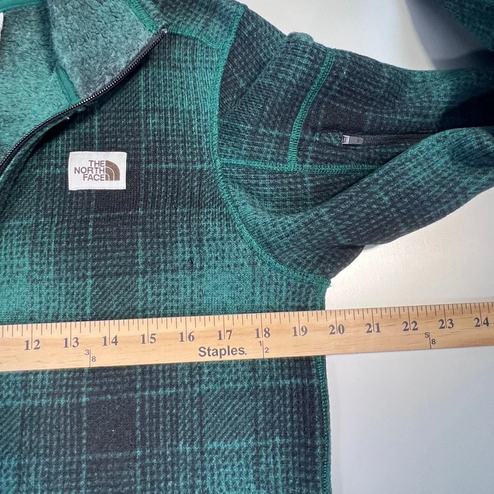 North Face Mens Green Black Plaid Quarter Zip Fleece Pullover Jacket Small coat